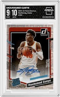 Mouhamed Gueye from the 2023-24 Panini Donruss set featuring a  Choice  parallel graded by Arena Club and given an overall grade of 9.