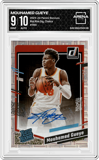 Mouhamed Gueye from the 2023-24 Panini Donruss set featuring a  Choice  parallel graded by Arena Club and given an overall grade of 9.