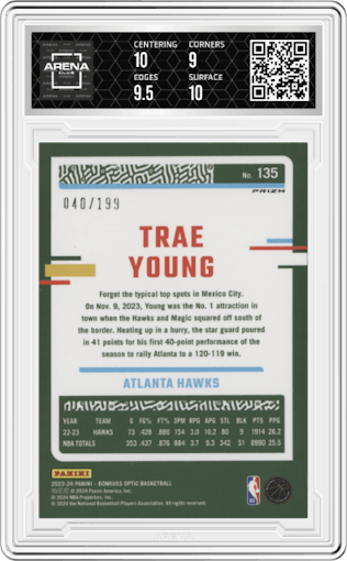 Trae Young from the 2023-24 Donruss Optic set featuring a Orange Prizm parallel graded by Arena Club and given an overall grade of 9.5.