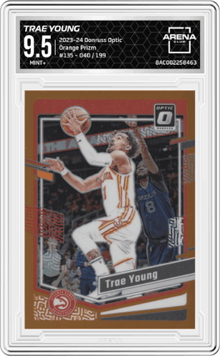 Trae Young from the 2023-24 Donruss Optic set featuring a Orange Prizm parallel graded by Arena Club and given an overall grade of 9.5.