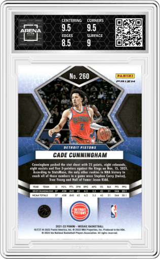 Cade Cunningham from the 2021-22 Panini Mosaic  set featuring a Green Mosaic parallel graded by Arena Club and given an overall grade of 9.
