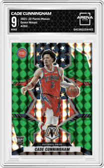 Cade Cunningham from the 2021-22 Panini Mosaic  set featuring a Green Mosaic parallel graded by Arena Club and given an overall grade of 9.