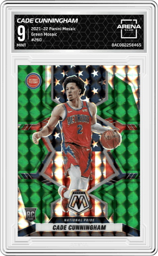 Cade Cunningham from the 2021-22 Panini Mosaic  set featuring a Green Mosaic parallel graded by Arena Club and given an overall grade of 9.