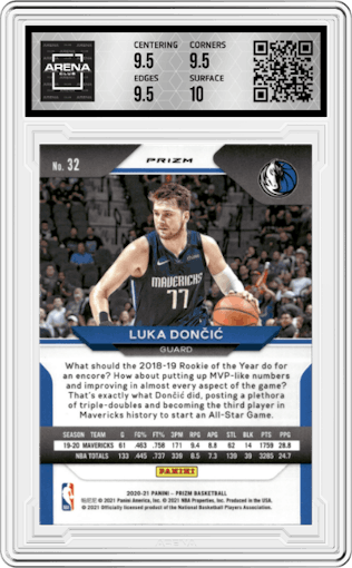 Luka Doncic from the 2020-21 Panini Prizm set featuring a Red Ice parallel graded by Arena Club and given an overall grade of 10.