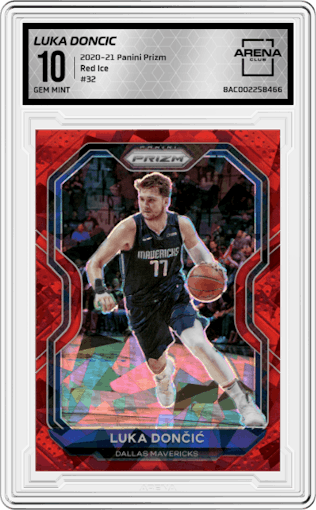 Luka Doncic from the 2020-21 Panini Prizm set featuring a Red Ice parallel graded by Arena Club and given an overall grade of 10.