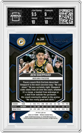 Ben Sheppard from the 2023-24 Panini Mosaic set featuring a Blue Mosaic parallel graded by Arena Club and given an overall grade of 9.5.