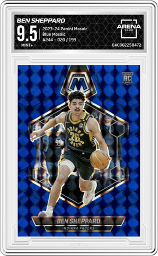 Ben Sheppard from the 2023-24 Panini Mosaic set featuring a Blue Mosaic parallel graded by Arena Club and given an overall grade of 9.5.