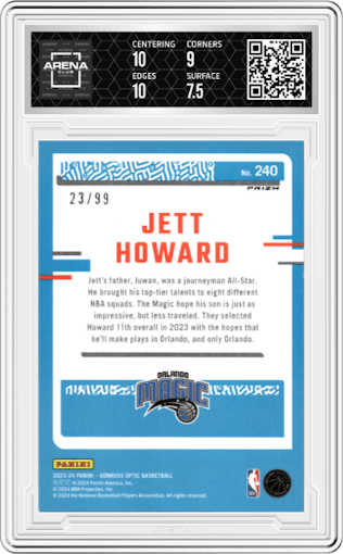 Jett Howard from the 2023-24 Donruss Optic set featuring a Red/Gold International parallel graded by Arena Club and given an overall grade of 8.