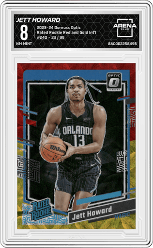 Jett Howard from the 2023-24 Donruss Optic set featuring a Red/Gold International parallel graded by Arena Club and given an overall grade of 8.