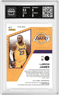 LeBron James from the 2021-22 Panini Prizm  set featuring a Fast Break parallel graded by Arena Club and given an overall grade of 9.