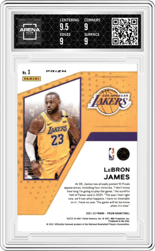 LeBron James from the 2021-22 Panini Prizm  set featuring a Fast Break parallel graded by Arena Club and given an overall grade of 9.
