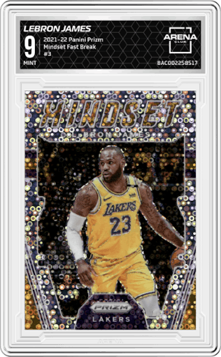 LeBron James from the 2021-22 Panini Prizm  set featuring a Fast Break parallel graded by Arena Club and given an overall grade of 9.