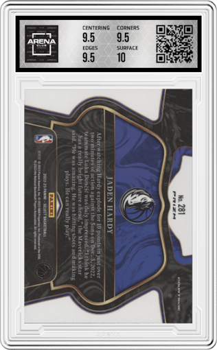 Jaden Hardy from the 2022-23 Panini Select set featuring a Silver Prizm parallel graded by Arena Club and given an overall grade of 10.