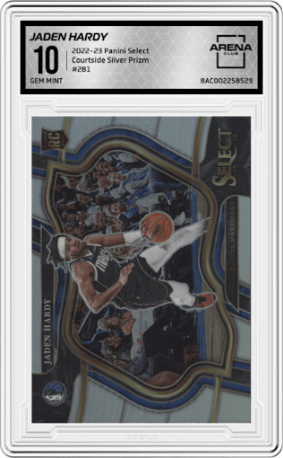 Jaden Hardy from the 2022-23 Panini Select set featuring a Silver Prizm parallel graded by Arena Club and given an overall grade of 10.