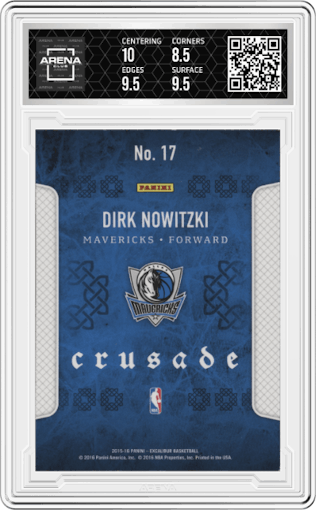 Dirk Nowitzki from the 2015-16 Panini Excalibur set graded by Arena Club and given an overall grade of 9.