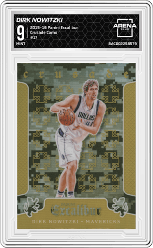 Dirk Nowitzki from the 2015-16 Panini Excalibur set graded by Arena Club and given an overall grade of 9.