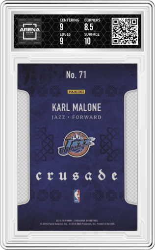 Karl Malone from the 2015-16 Panini Excalibur set graded by Arena Club and given an overall grade of 9.