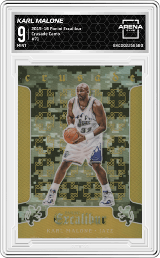 Karl Malone from the 2015-16 Panini Excalibur set graded by Arena Club and given an overall grade of 9.