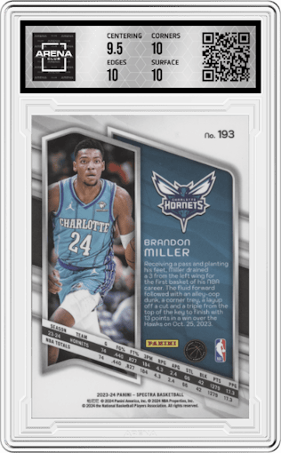 Brandon Miller from the 2023-24 Panini Spectra set graded by Arena Club and given an overall grade of 10.