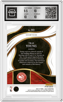 Trae Young from the 2023-24 Panini Select  set featuring a Red Disco Prizm parallel graded by Arena Club and given an overall grade of 10.