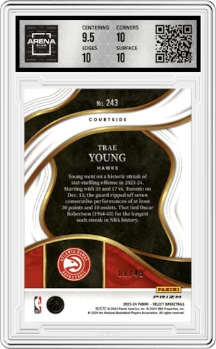 Trae Young from the 2023-24 Panini Select  set featuring a Red Disco Prizm parallel graded by Arena Club and given an overall grade of 10.