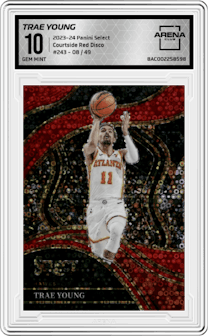 Trae Young from the 2023-24 Panini Select  set featuring a Red Disco Prizm parallel graded by Arena Club and given an overall grade of 10.