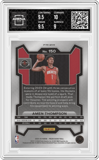 Amen Thompson from the 2023-24 Panini Prizm set featuring a Pink Ice parallel graded by Arena Club and given an overall grade of 9.5.