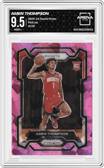 Amen Thompson from the 2023-24 Panini Prizm set featuring a Pink Ice parallel graded by Arena Club and given an overall grade of 9.5.