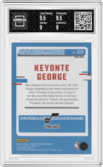 Keyonte George from the 2023-24 Donruss Optic set featuring a Holo parallel graded by Arena Club and given an overall grade of 9.5.