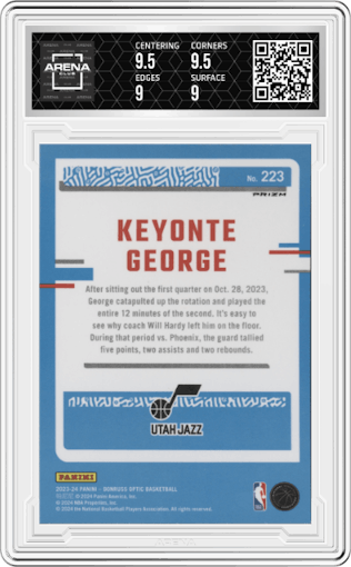 Keyonte George from the 2023-24 Donruss Optic set featuring a Holo parallel graded by Arena Club and given an overall grade of 9.5.