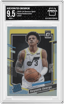 Keyonte George from the 2023-24 Donruss Optic set featuring a Holo parallel graded by Arena Club and given an overall grade of 9.5.