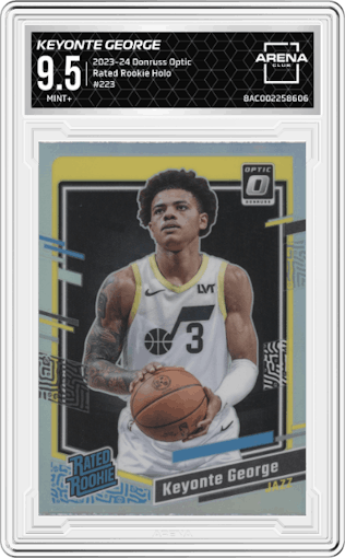 Keyonte George from the 2023-24 Donruss Optic set featuring a Holo parallel graded by Arena Club and given an overall grade of 9.5.