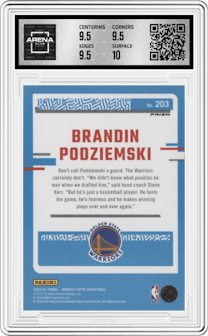 Brandin Podziemski from the 2023-24 Donruss Optic set featuring a Holo parallel graded by Arena Club and given an overall grade of 10.