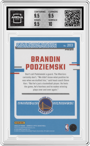Brandin Podziemski from the 2023-24 Donruss Optic set featuring a Holo parallel graded by Arena Club and given an overall grade of 10.