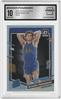 Brandin Podziemski from the 2023-24 Donruss Optic set featuring a Holo parallel graded by Arena Club and given an overall grade of 10.
