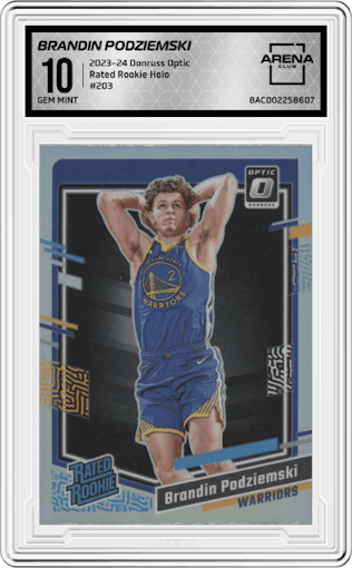 Brandin Podziemski from the 2023-24 Donruss Optic set featuring a Holo parallel graded by Arena Club and given an overall grade of 10.