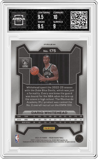 Dariq Whitehead from the 2023-24 Panini Prizm set featuring a Silver Prizm  parallel graded by Arena Club and given an overall grade of 9.5.
