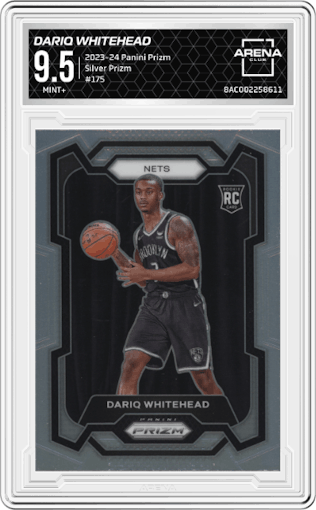 Dariq Whitehead from the 2023-24 Panini Prizm set featuring a Silver Prizm  parallel graded by Arena Club and given an overall grade of 9.5.