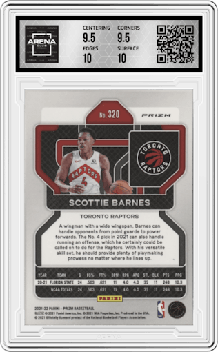 Scottie Barnes from the 2021-22 Panini Prizm  set featuring a Red/White/Blue Prizm parallel graded by Arena Club and given an overall grade of 10.