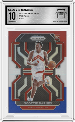 Scottie Barnes from the 2021-22 Panini Prizm  set featuring a Red/White/Blue Prizm parallel graded by Arena Club and given an overall grade of 10.