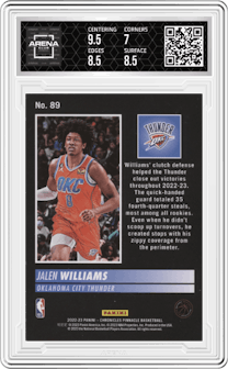 Jalen Williams from the 2022-23 Panini Chronicles  set featuring a Purple parallel graded by Arena Club and given an overall grade of 7.5.