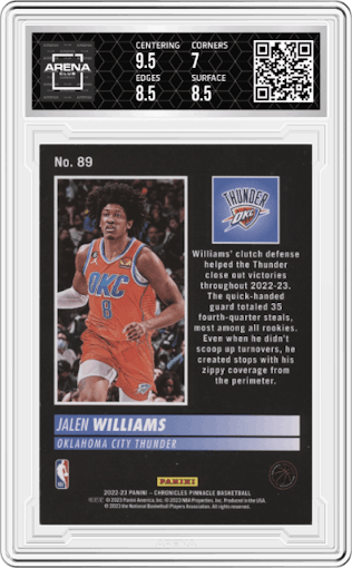 Jalen Williams from the 2022-23 Panini Chronicles  set featuring a Purple parallel graded by Arena Club and given an overall grade of 7.5.