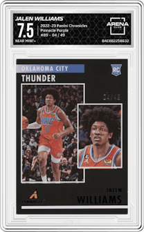 Jalen Williams from the 2022-23 Panini Chronicles  set featuring a Purple parallel graded by Arena Club and given an overall grade of 7.5.