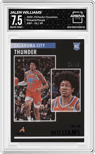 Jalen Williams from the 2022-23 Panini Chronicles  set featuring a Purple parallel graded by Arena Club and given an overall grade of 7.5.