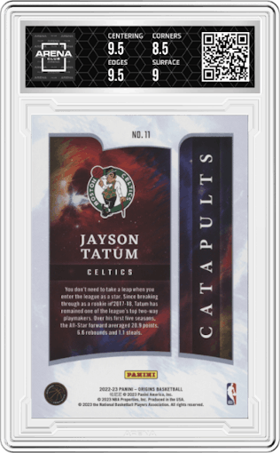 Jayson Tatum from the 2022-23 Panini Origins set featuring a Pink  parallel graded by Arena Club and given an overall grade of 9.