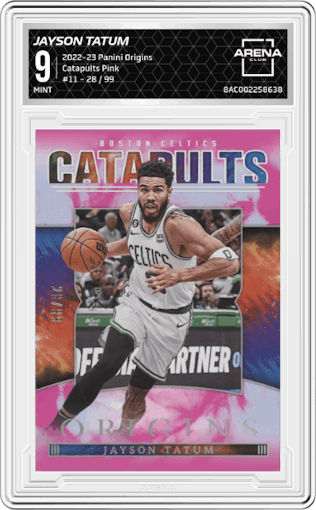 Jayson Tatum from the 2022-23 Panini Origins set featuring a Pink  parallel graded by Arena Club and given an overall grade of 9.