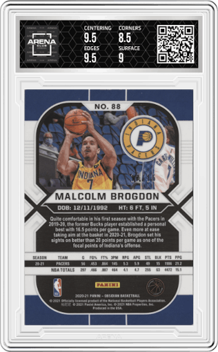 Malcolm Brogdon from the 2020-21 Panini Obsidian set featuring a Electric Etch Blue FOTL parallel graded by Arena Club and given an overall grade of 9.