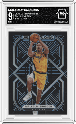 Malcolm Brogdon from the 2020-21 Panini Obsidian set featuring a Electric Etch Blue FOTL parallel graded by Arena Club and given an overall grade of 9.