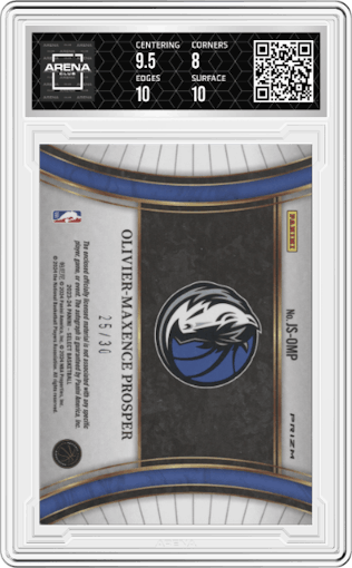 Olivier-Maxence Prosper from the 2023-24 Panini Select  set featuring a Orange Pulsar Prizms FOTL parallel graded by Arena Club and given an overall grade of 8.5.