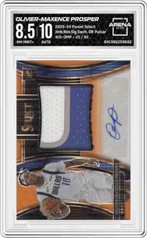 Olivier-Maxence Prosper from the 2023-24 Panini Select  set featuring a Orange Pulsar Prizms FOTL parallel graded by Arena Club and given an overall grade of 8.5.